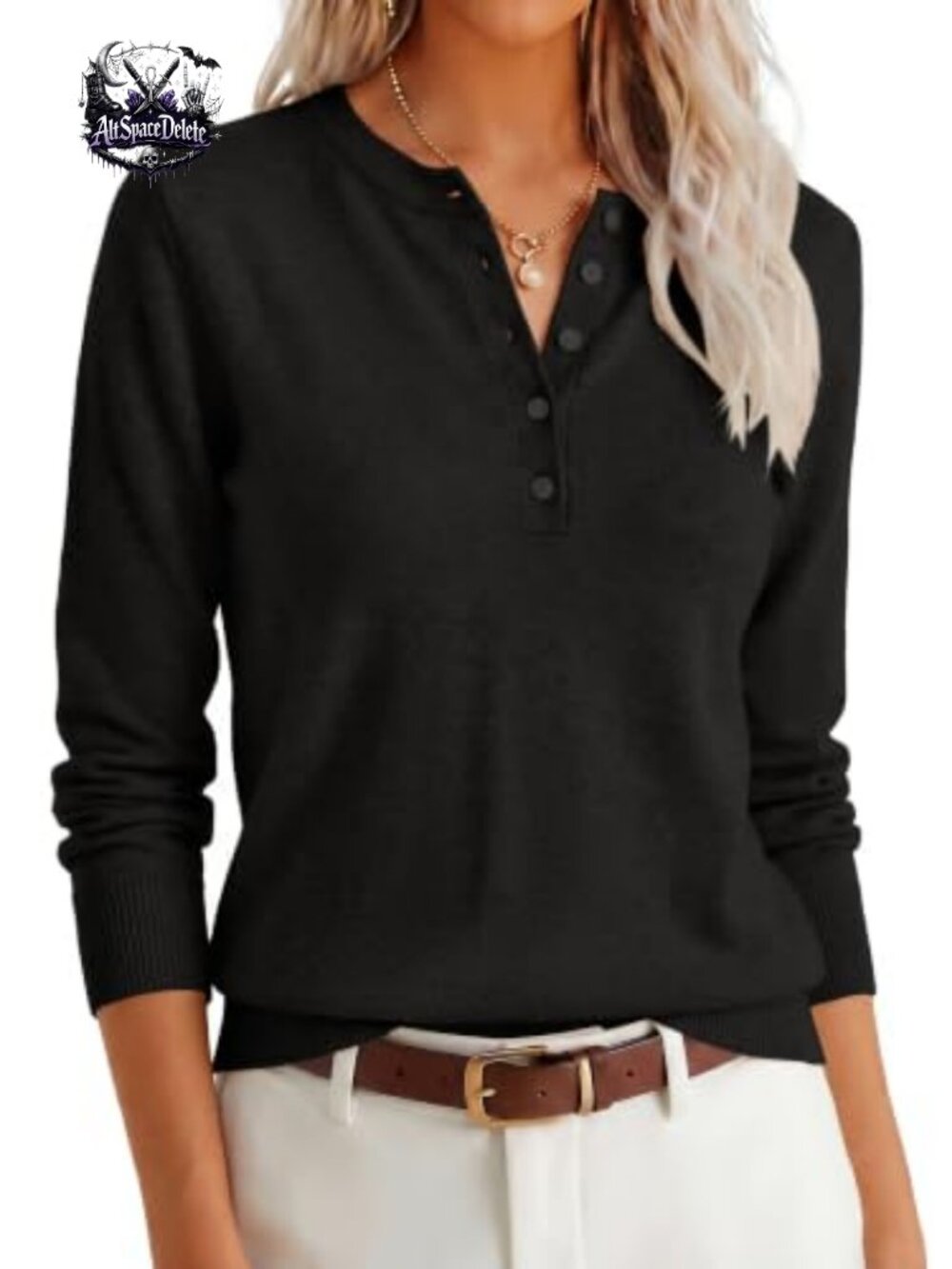 Henley Neck Long Sleeve Pullover Sweater with Button Placket